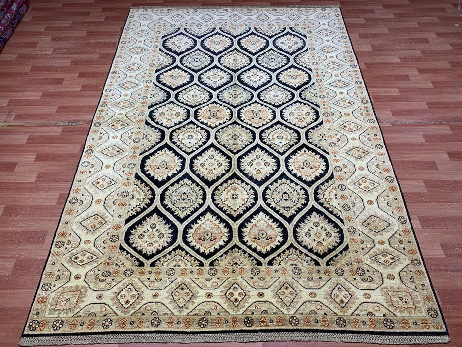 7'x10' Hand-Knotted Wool Rug – Black Field with Ivory/Beige Border