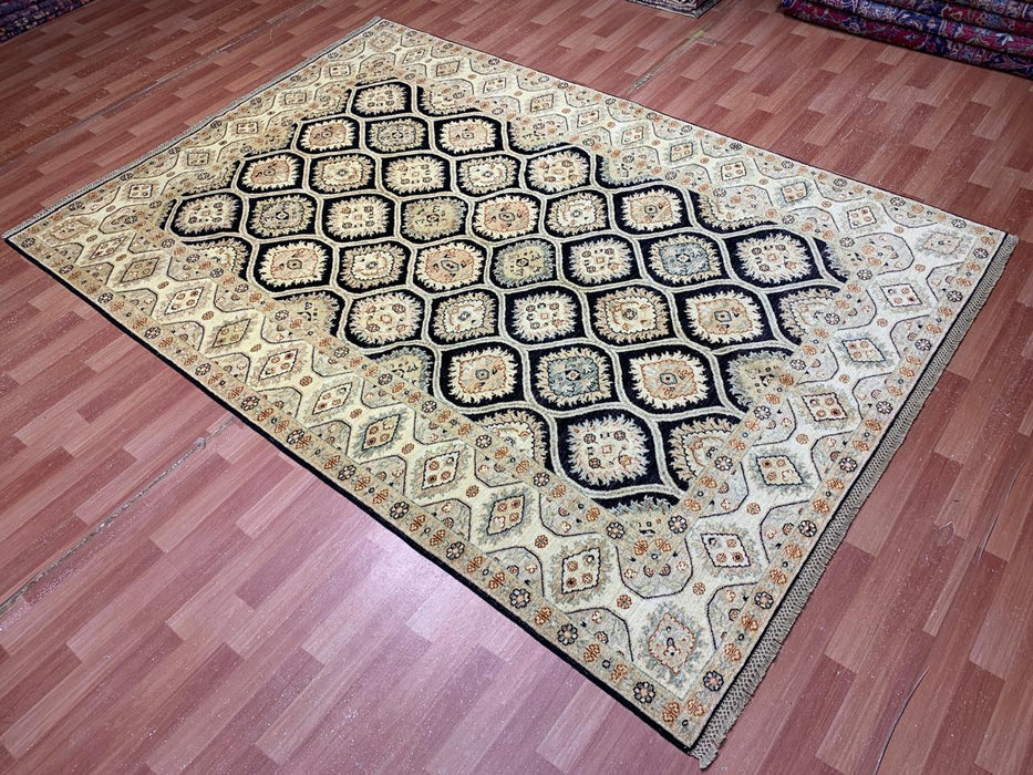 7'x10' Hand-Knotted Wool Rug – Black Field with Ivory/Beige Border