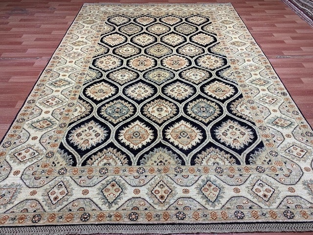7'x10' Hand-Knotted Wool Rug – Black Field with Ivory/Beige Border