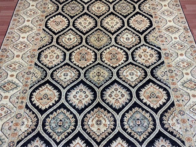 7'x10' Hand-Knotted Wool Rug – Black Field with Ivory/Beige Border
