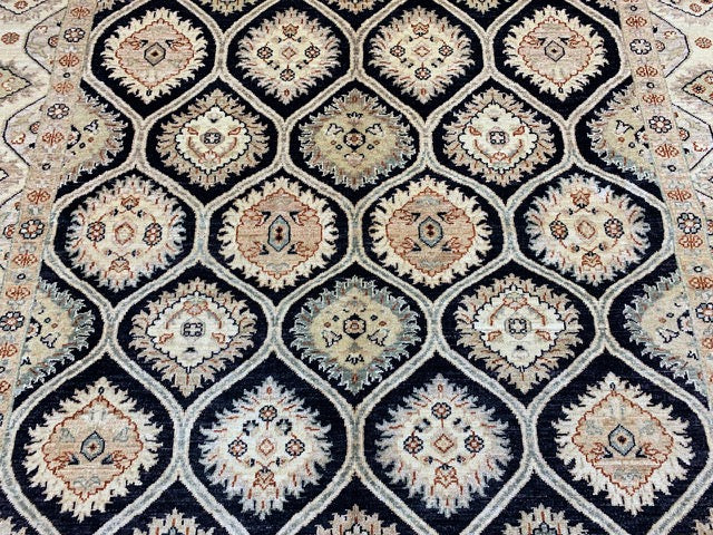 7'x10' Hand-Knotted Wool Rug – Black Field with Ivory/Beige Border
