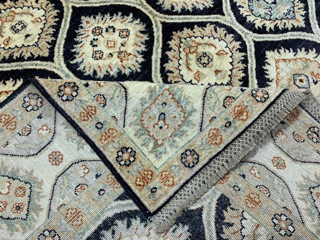 7'x10' Hand-Knotted Wool Rug – Black Field with Ivory/Beige Border