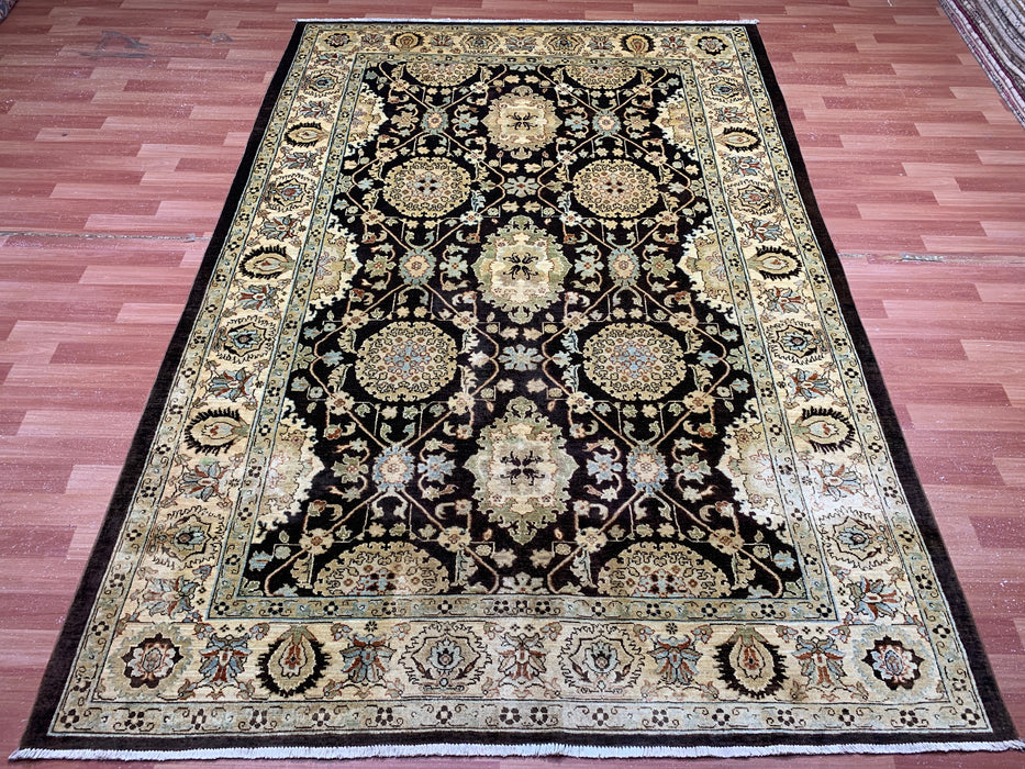 7'x10' Hand-Knotted Chobi Wool Rug – Chocolate Brown & Ivory/Beige Border