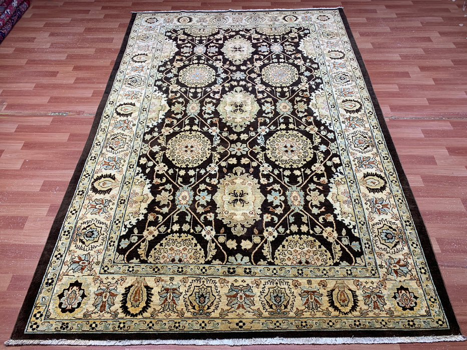 7'x10' Hand-Knotted Chobi Wool Rug – Chocolate Brown & Ivory/Beige Border