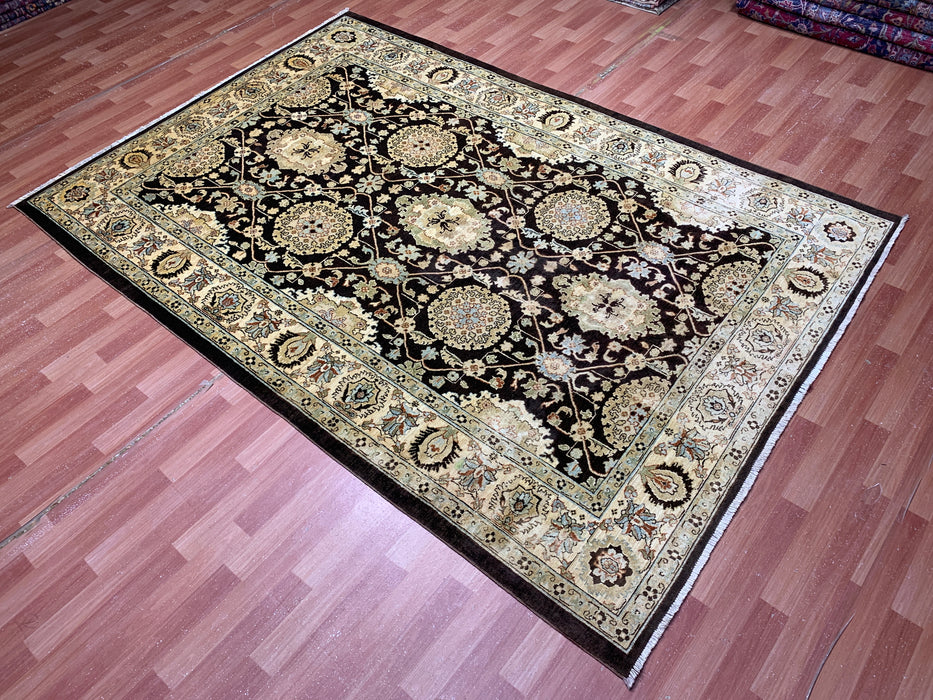 7'x10' Hand-Knotted Chobi Wool Rug – Chocolate Brown & Ivory/Beige Border