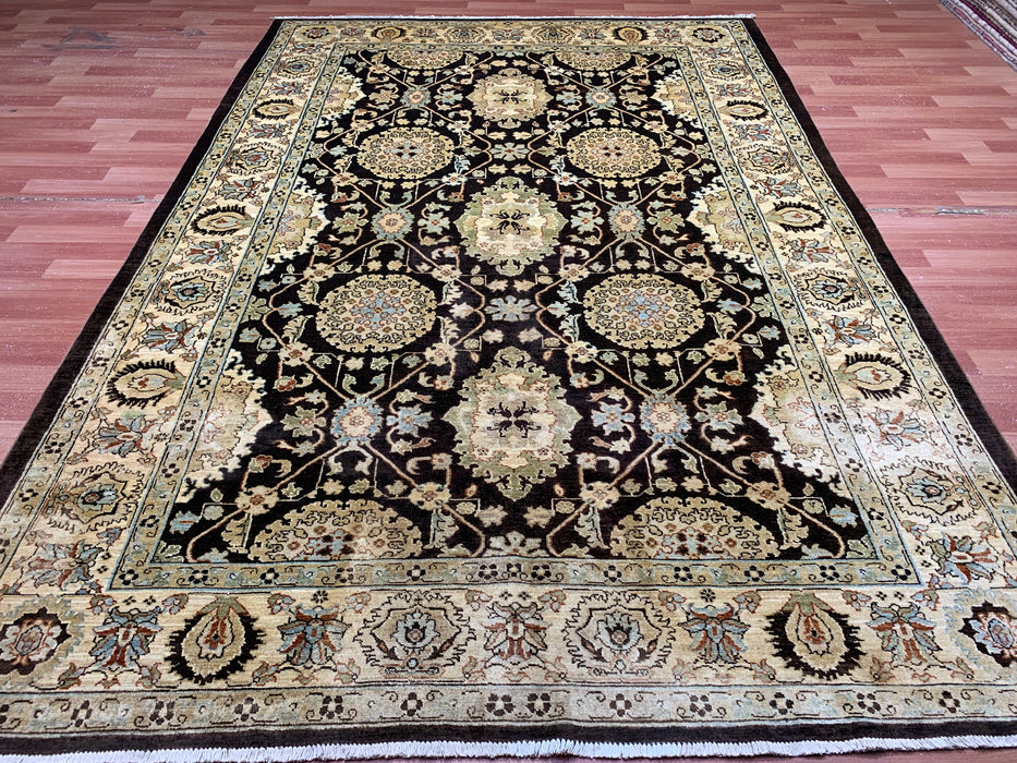 7'x10' Hand-Knotted Chobi Wool Rug – Chocolate Brown & Ivory/Beige Border