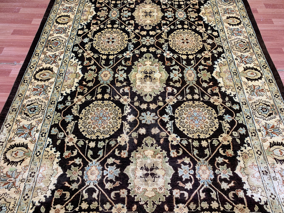 7'x10' Hand-Knotted Chobi Wool Rug – Chocolate Brown & Ivory/Beige Border