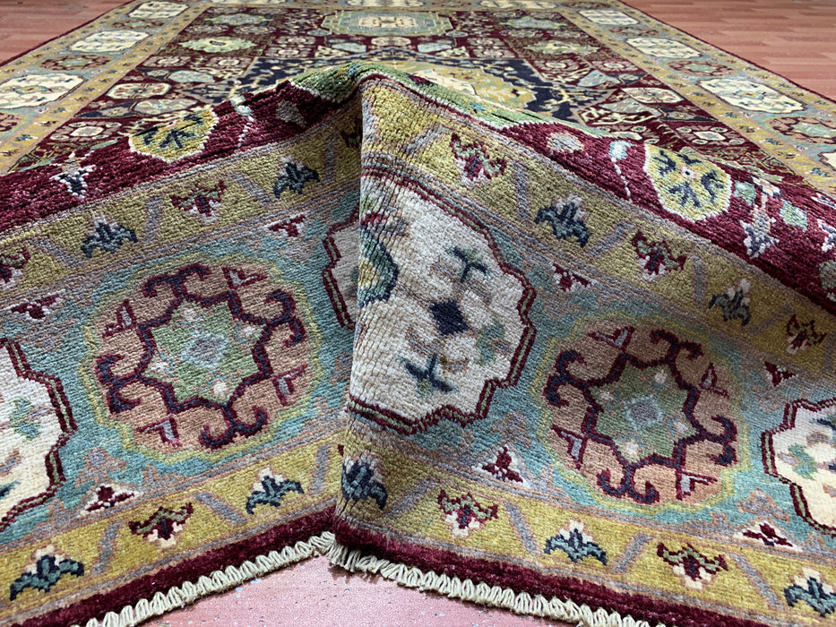 7'x10' Hand-Knotted Mamluk Wool Rug – Red & Green Geometric Medallion