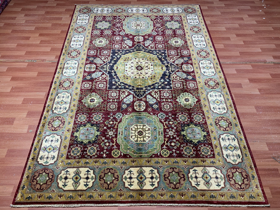 7'x10' Hand-Knotted Mamluk Wool Rug – Red & Green Geometric Medallion