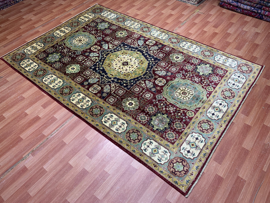 7'x10' Hand-Knotted Mamluk Wool Rug – Red & Green Geometric Medallion