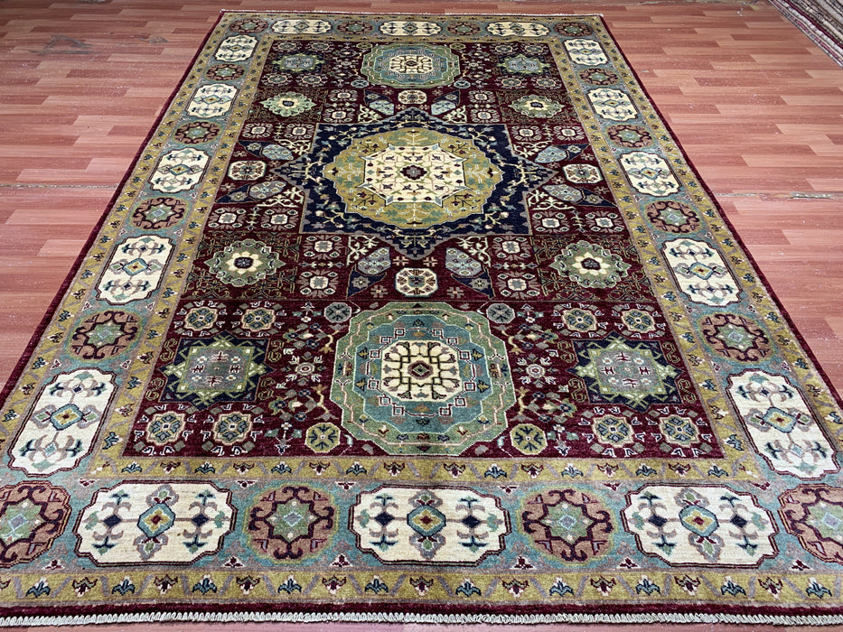 7'x10' Hand-Knotted Mamluk Wool Rug – Red & Green Geometric Medallion