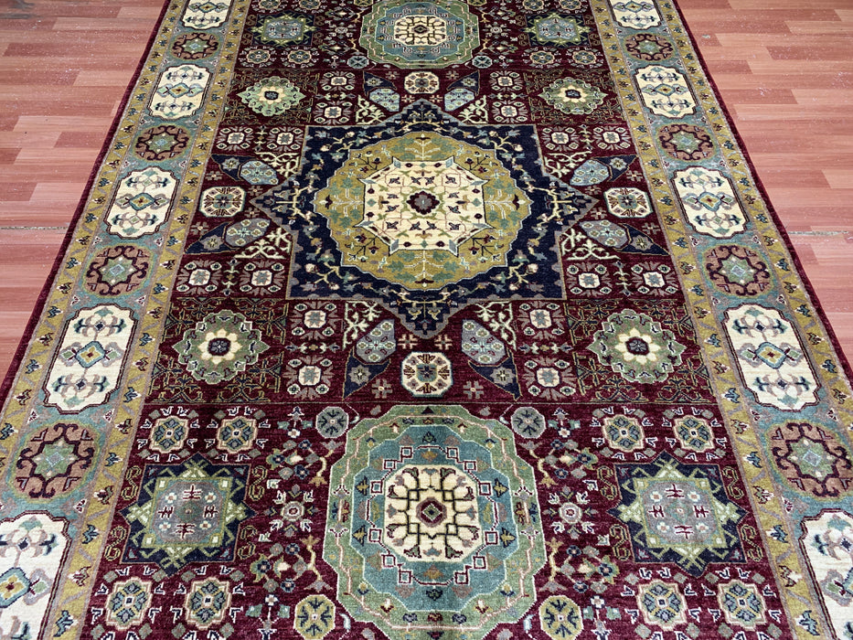 7'x10' Hand-Knotted Mamluk Wool Rug – Red & Green Geometric Medallion