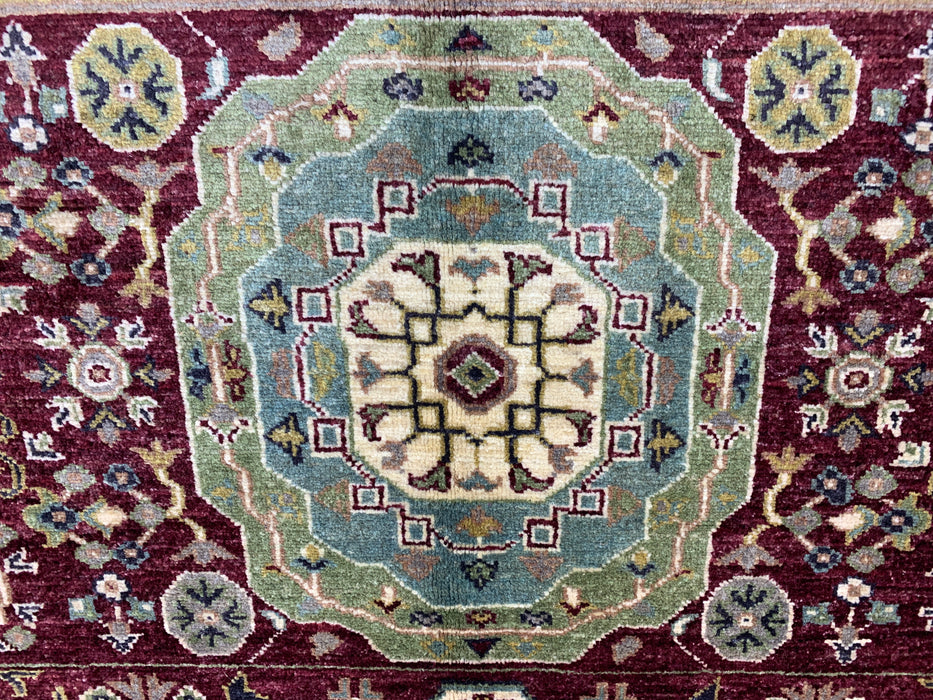 7'x10' Hand-Knotted Mamluk Wool Rug – Red & Green Geometric Medallion