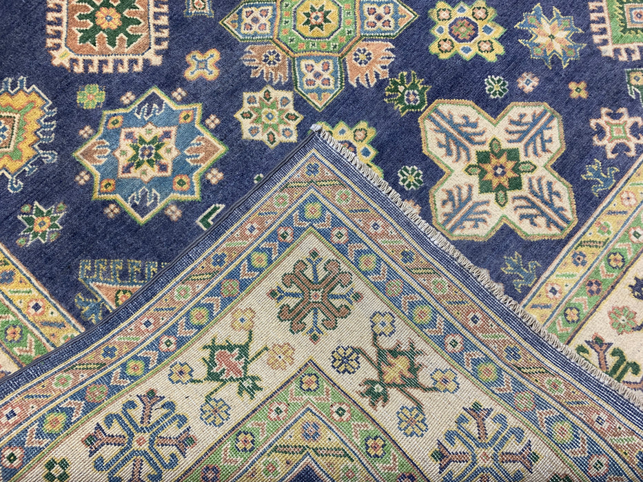 7'x10' Hand-Knotted Kazak Wool Rug – Navy Field & Ivory Border