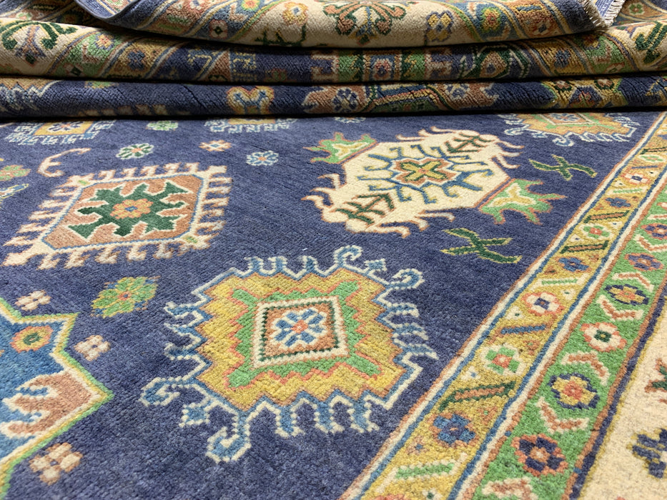 7'x10' Hand-Knotted Kazak Wool Rug – Navy Field & Ivory Border
