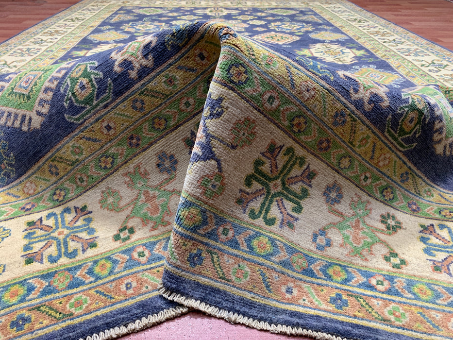 7'x10' Hand-Knotted Kazak Wool Rug – Navy Field & Ivory Border
