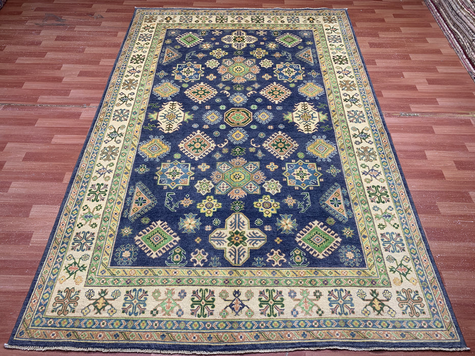 7'x10' Hand-Knotted Kazak Wool Rug – Navy Field & Ivory Border