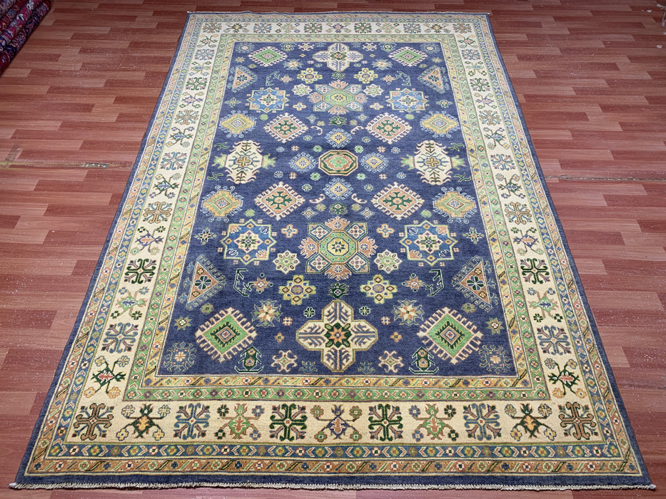 7'x10' Hand-Knotted Kazak Wool Rug – Navy Field & Ivory Border