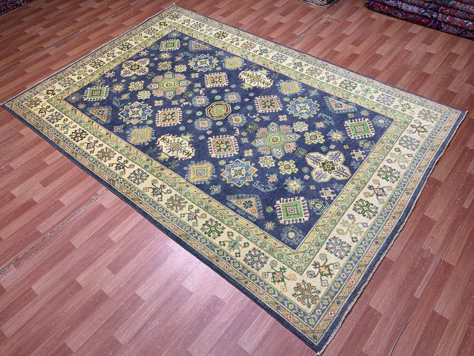 7'x10' Hand-Knotted Kazak Wool Rug – Navy Field & Ivory Border