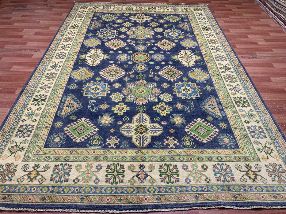 7'x10' Hand-Knotted Kazak Wool Rug – Navy Field & Ivory Border