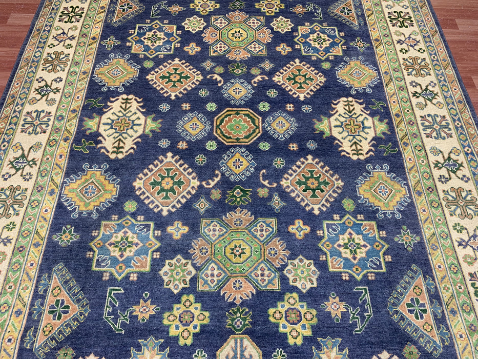 7'x10' Hand-Knotted Kazak Wool Rug – Navy Field & Ivory Border