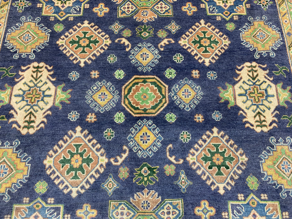 7'x10' Hand-Knotted Kazak Wool Rug – Navy Field & Ivory Border