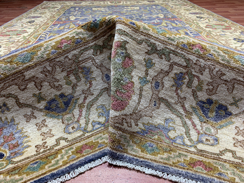 7'x10' Hand-Knotted Chobi Wool Rug – Blue Field & Ivory Border