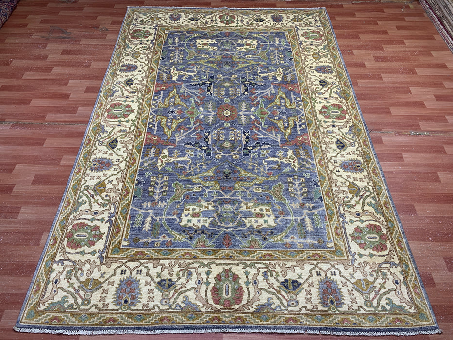7'x10' Hand-Knotted Chobi Wool Rug – Blue Field & Ivory Border