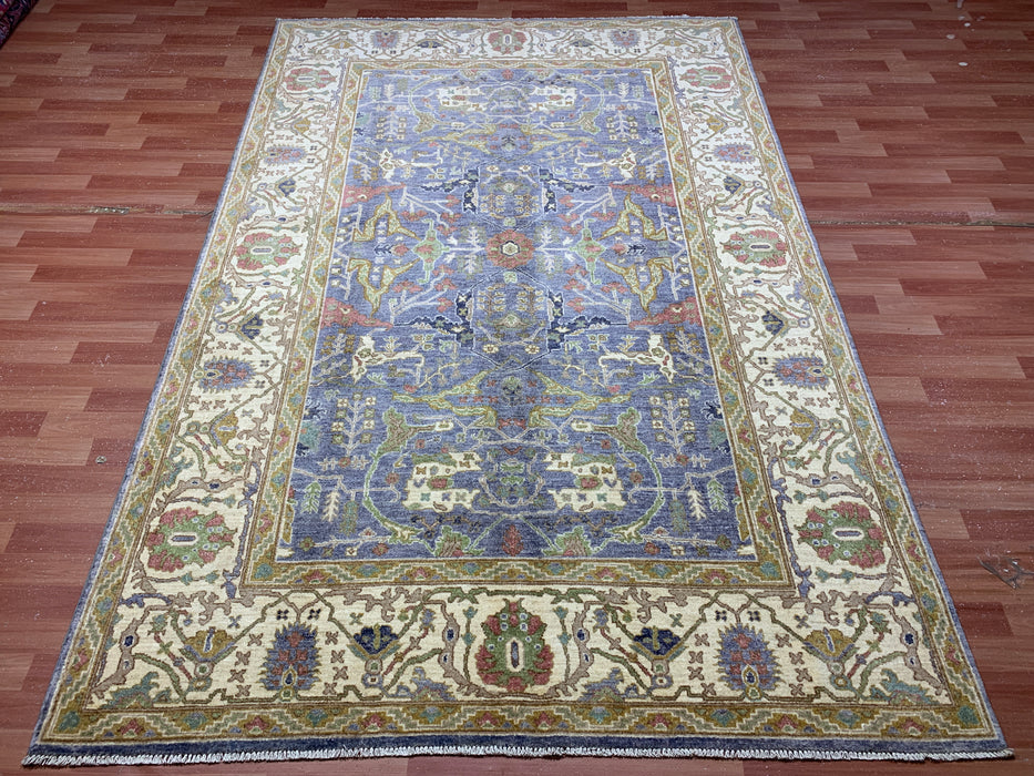 7'x10' Hand-Knotted Chobi Wool Rug – Blue Field & Ivory Border