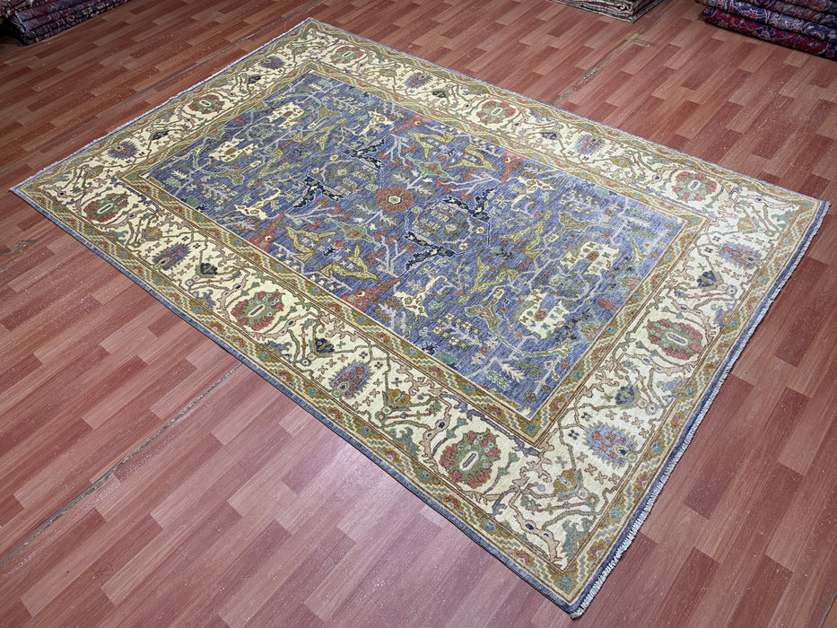 7'x10' Hand-Knotted Chobi Wool Rug – Blue Field & Ivory Border