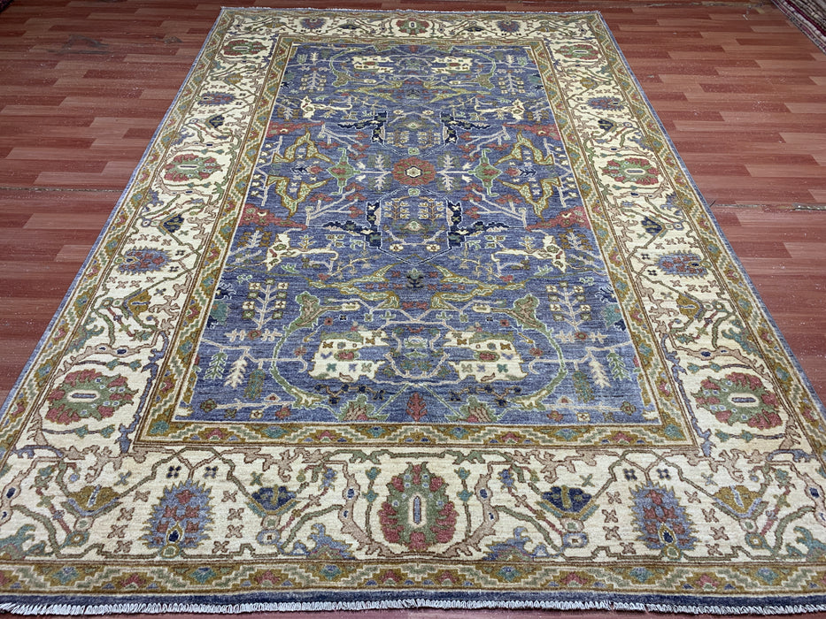 7'x10' Hand-Knotted Chobi Wool Rug – Blue Field & Ivory Border