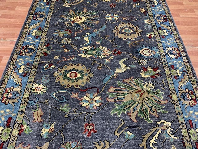 5'8" x 8'4" Hand-Knotted Chobi Wool Rug – Charcoal Field with Aqua Border