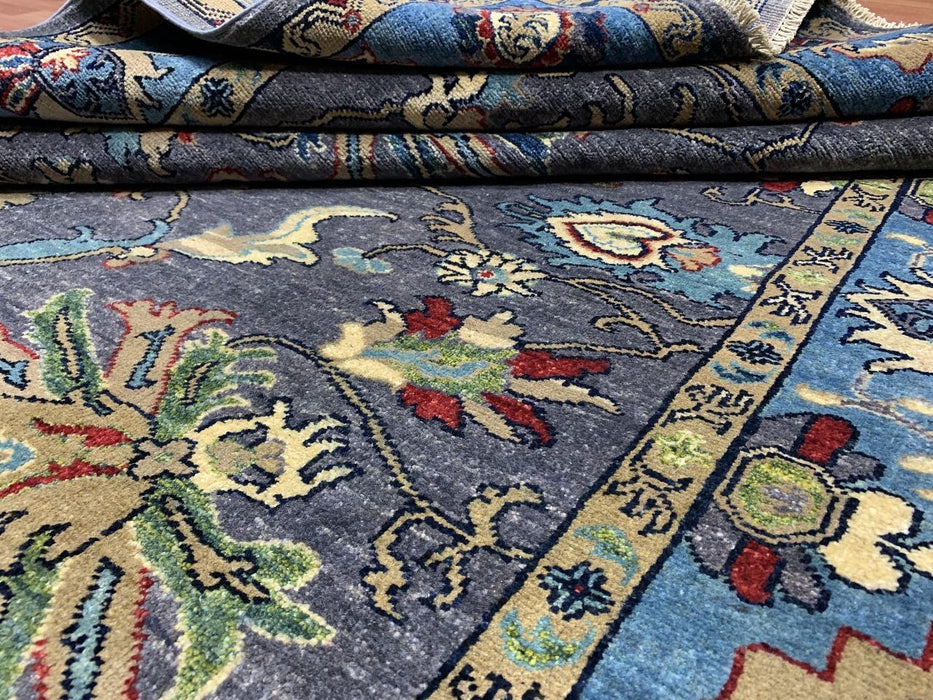 5'8" x 8'4" Hand-Knotted Chobi Wool Rug – Charcoal Field with Aqua Border