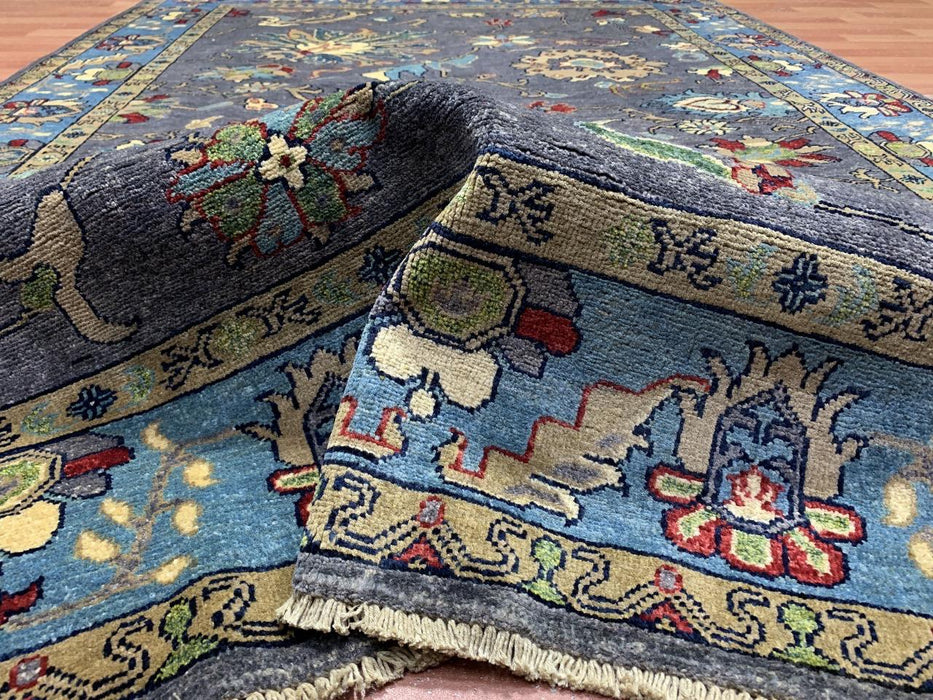 5'8" x 8'4" Hand-Knotted Chobi Wool Rug – Charcoal Field with Aqua Border