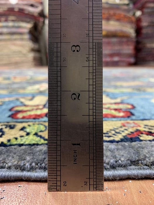 5'8" x 8'4" Hand-Knotted Chobi Wool Rug – Charcoal Field with Aqua Border