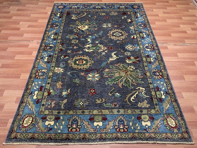 5'8" x 8'4" Hand-Knotted Chobi Wool Rug – Charcoal Field with Aqua Border