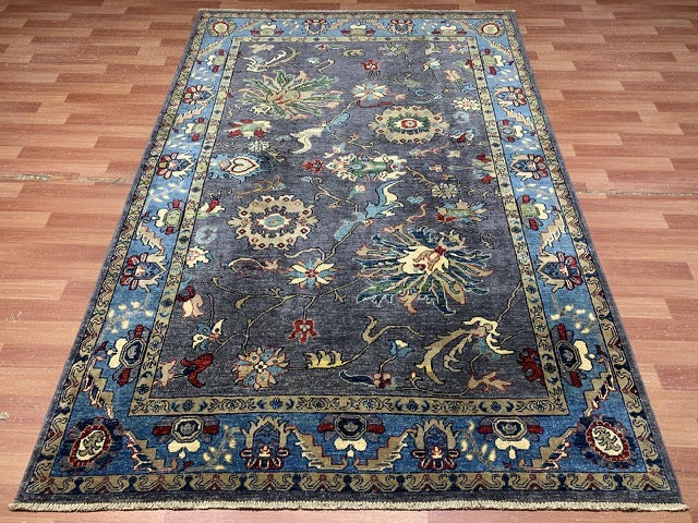 5'8" x 8'4" Hand-Knotted Chobi Wool Rug – Charcoal Field with Aqua Border