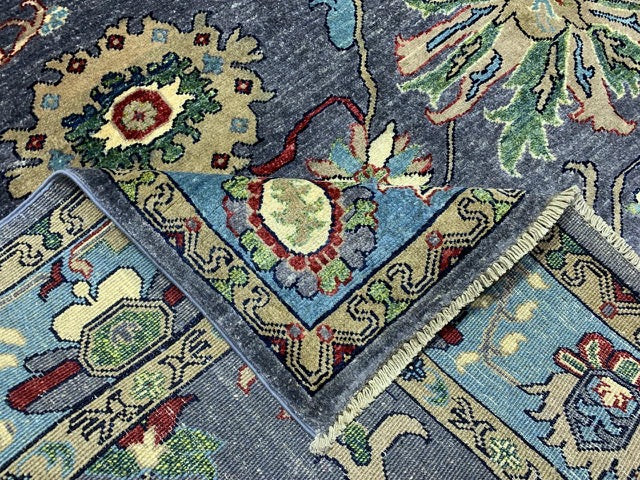 5'8" x 8'4" Hand-Knotted Chobi Wool Rug – Charcoal Field with Aqua Border