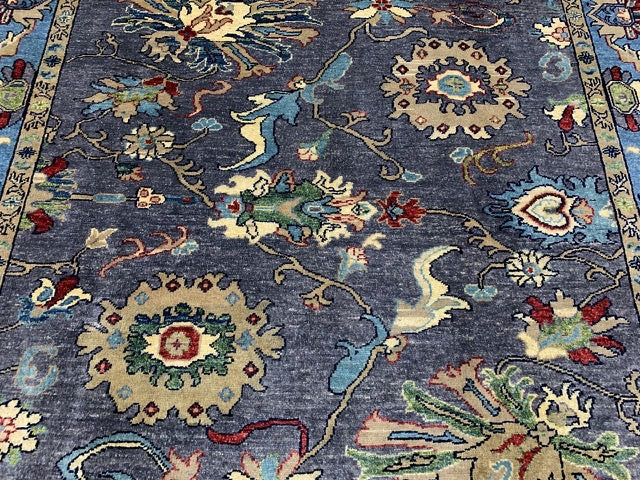 5'8" x 8'4" Hand-Knotted Chobi Wool Rug – Charcoal Field with Aqua Border