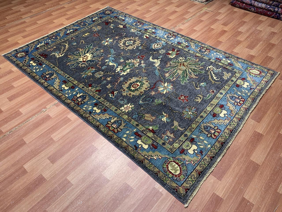 5'8" x 8'4" Hand-Knotted Chobi Wool Rug – Charcoal Field with Aqua Border