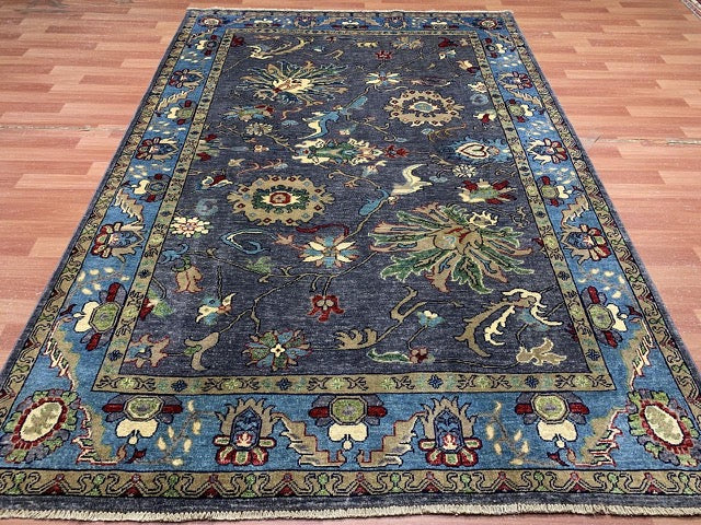 5'8" x 8'4" Hand-Knotted Chobi Wool Rug – Charcoal Field with Aqua Border