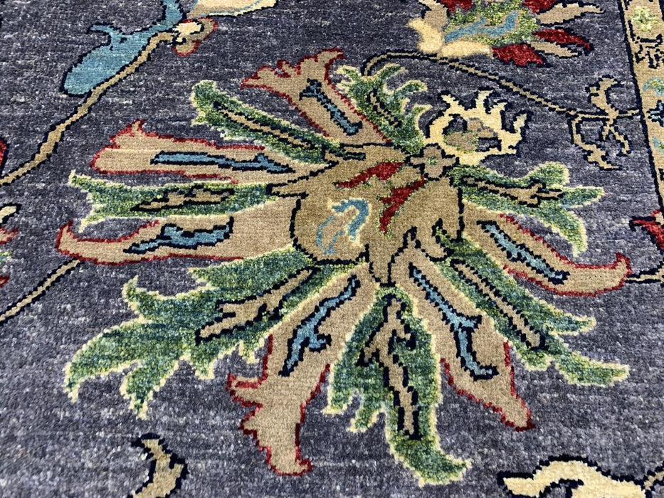 5'8" x 8'4" Hand-Knotted Chobi Wool Rug – Charcoal Field with Aqua Border