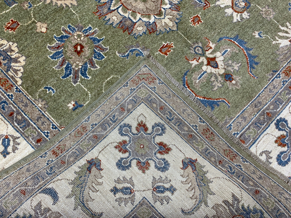 6'5" × 9'5" Hand-Knotted Chobi Wool Rug – Green Field & Ivory Border