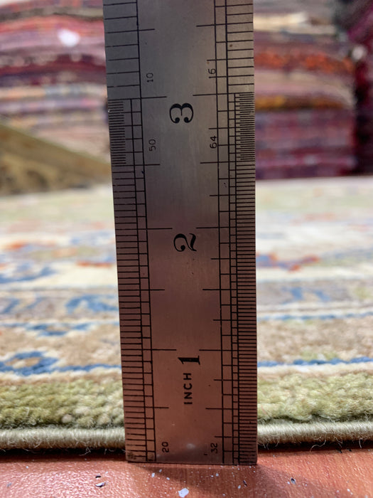 6'5" × 9'5" Hand-Knotted Chobi Wool Rug – Green Field & Ivory Border