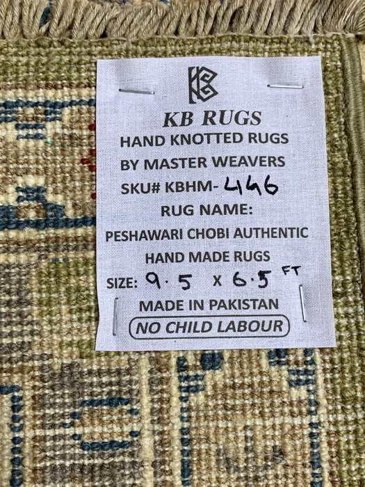 6'5" × 9'5" Hand-Knotted Chobi Wool Rug – Green Field & Ivory Border