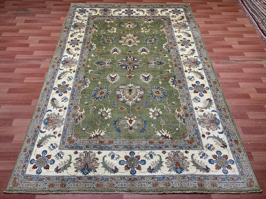 6'5" × 9'5" Hand-Knotted Chobi Wool Rug – Green Field & Ivory Border