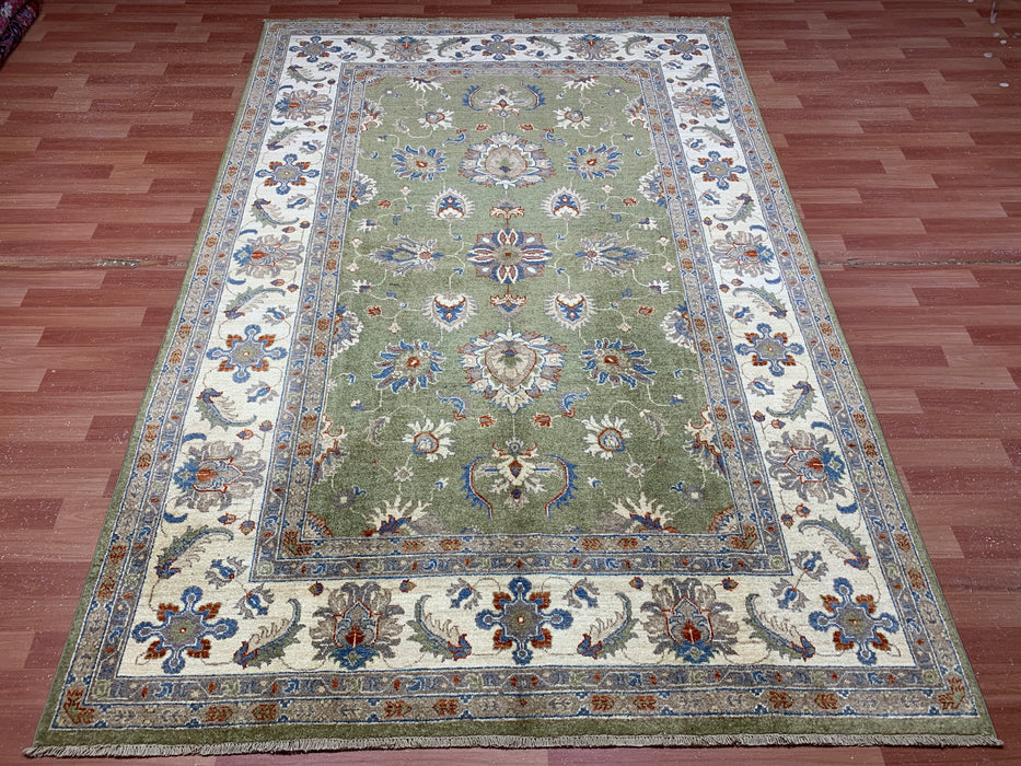 6'5" × 9'5" Hand-Knotted Chobi Wool Rug – Green Field & Ivory Border