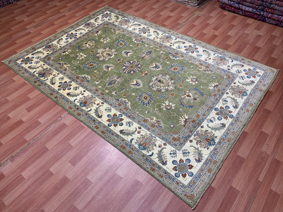 6'5" × 9'5" Hand-Knotted Chobi Wool Rug – Green Field & Ivory Border