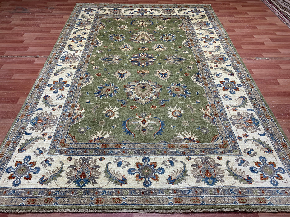 6'5" × 9'5" Hand-Knotted Chobi Wool Rug – Green Field & Ivory Border