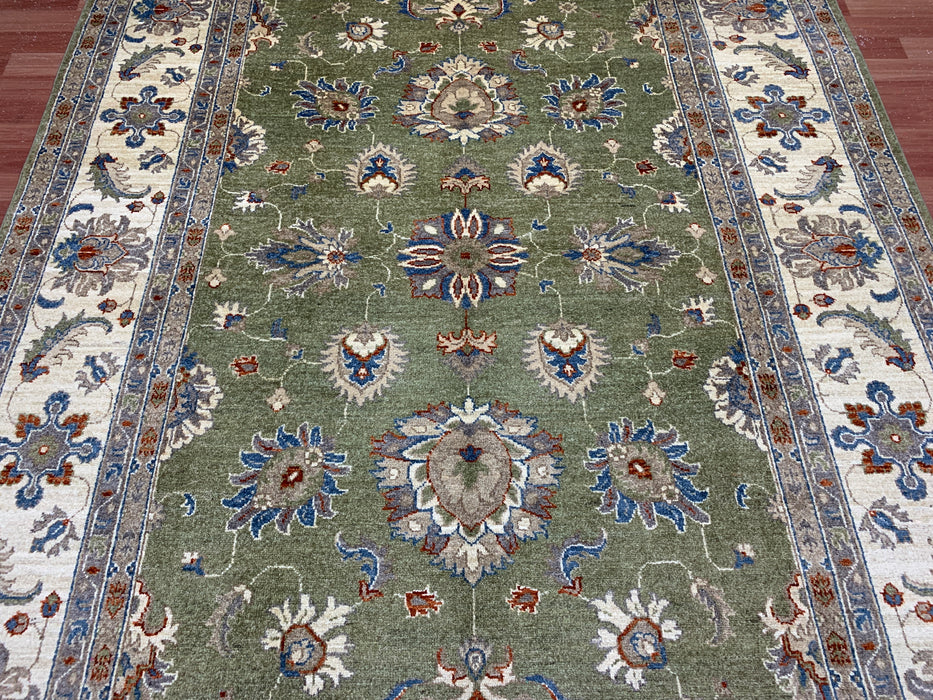 6'5" × 9'5" Hand-Knotted Chobi Wool Rug – Green Field & Ivory Border